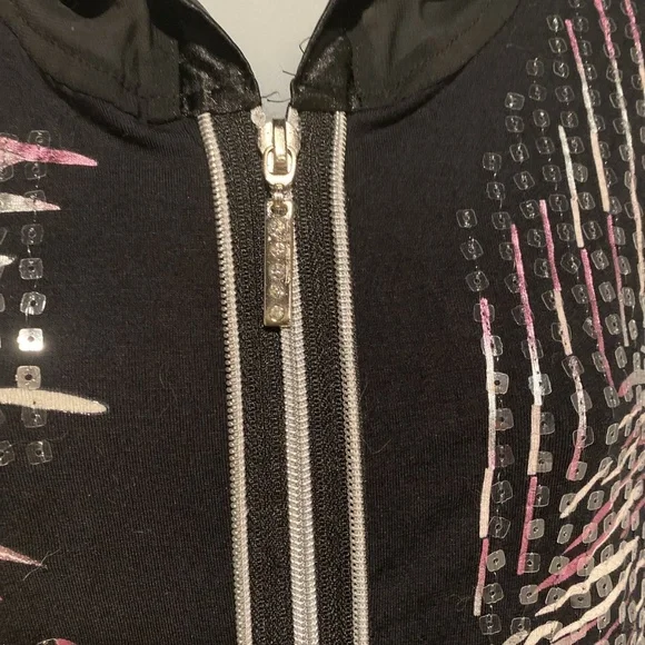 Black Sequin Chiffon Hoodie Zip Front Tunic Handkerchief Hem